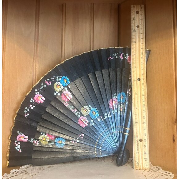 Vintage Black Handheld Wooden Black Folding Fan Hand Painted Floral Pink Roses - Picture 3 of 8